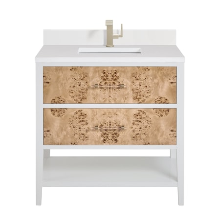 James Martin Vanities 36'' Sgl Vanity, Light Mappa Burl and Polished Wht W/ Sgl Hole 3CM Wht Zeus Quartz Top & Backsplash D804-V36-LMB-1WZ